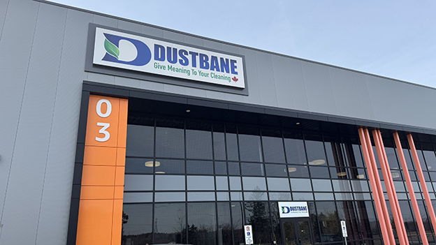 Exterior of Dustbane’s Ottawa facility with the Dustbane sign above the entrance