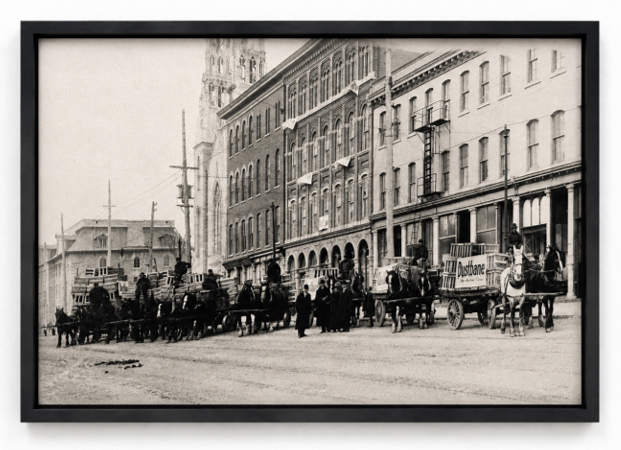 Framed black-and-white historic photo of horse-drawn Dustbane delivery wagons on an Ottawa street
