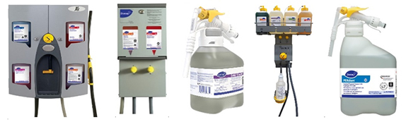 Images (Left to Right): 1. Photograph of a fuel dispenser with four labeled fuel options in blue, red, purple, and orange containers, each indicating different fuel types or grades. The dispenser features a yellow control knob in the center and a black fuel hose with a yellow nozzle on the right side. 2. Photograph of an industrial control panel with two labeled sections featuring detailed instructions and warnings. The panel includes two yellow knobs at the bottom and a blue Durango logo at the top left, indicating equipment operation and safety guidelines. 3. Photograph of a gray plastic spray bottle with a yellow trigger nozzle and white hose attachment. Label on bottle displays product information, including brand name "Lysol," product type "Disinfectant," and usage instructions. 4. Photograph of a wall-mounted soap dispenser system with four labeled containers holding different liquids in yellow, white, and green colors. The system features a central control unit with a yellow knob and a connected bottle holder below, designed for organized dispensing and refilling. 5. Photograph of a white plastic spray bottle labeled "PERDiemy" containing a disinfectant solution. The bottle features a yellow trigger nozzle, a long white tube, and a blue and white label with product information and safety icons.