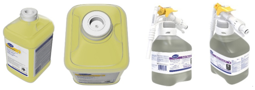 Images (Left to Right): 1. Photograph of a large, translucent yellow plastic container with a white screw cap, holding a liquid product. The container features a white label with blue and yellow text, including instructions and product information. 2. Photograph of a gray and white spray bottle with a yellow trigger and white nozzle, featuring a label with blue and purple text and barcode. Bottle designed for cleaning or disinfecting purposes, with detailed usage instructions and product information on the label.