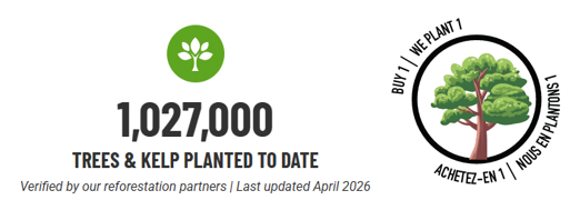 Graphic stating 1,027,000 trees and kelp planted to date; Dustbane’s Buy 1 We Plant 1 logo