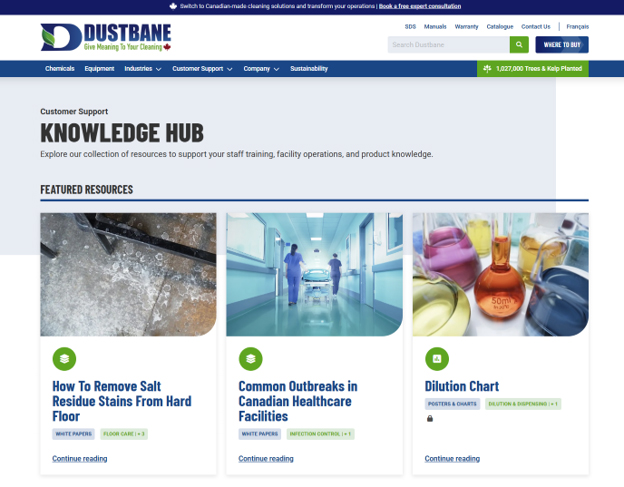 Screenshot of Dustbane’s Knowledge Hub webpage featuring product support and training resources
