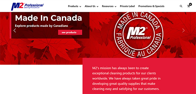 Screenshot of M2 website showing “Made in Canada” section and product information