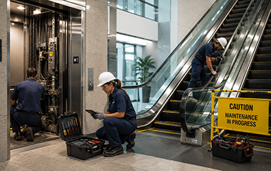 Maintenance repair being performed on elevators and escalators by technicians