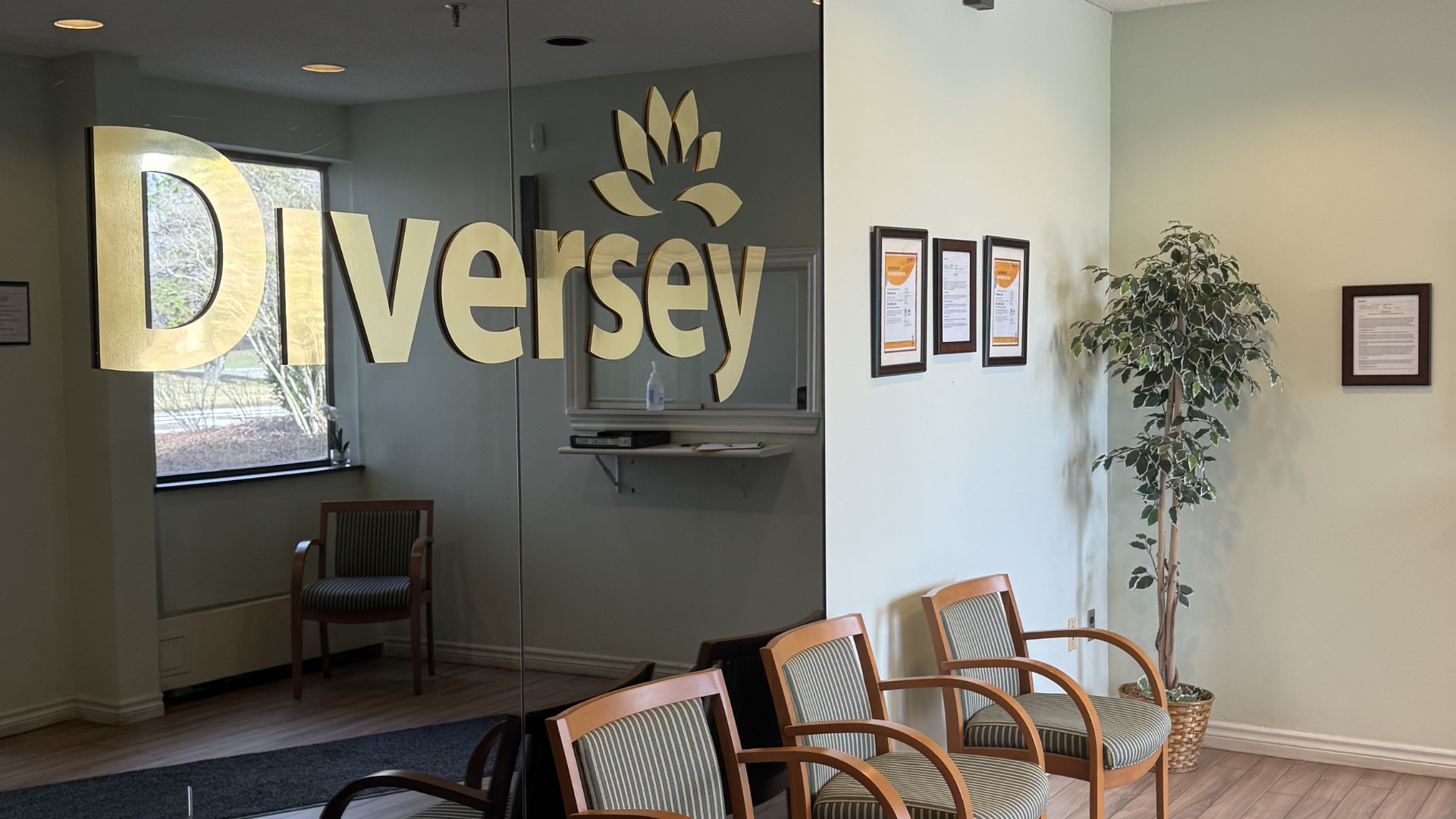 Diversey logo at the front entrance waiting area