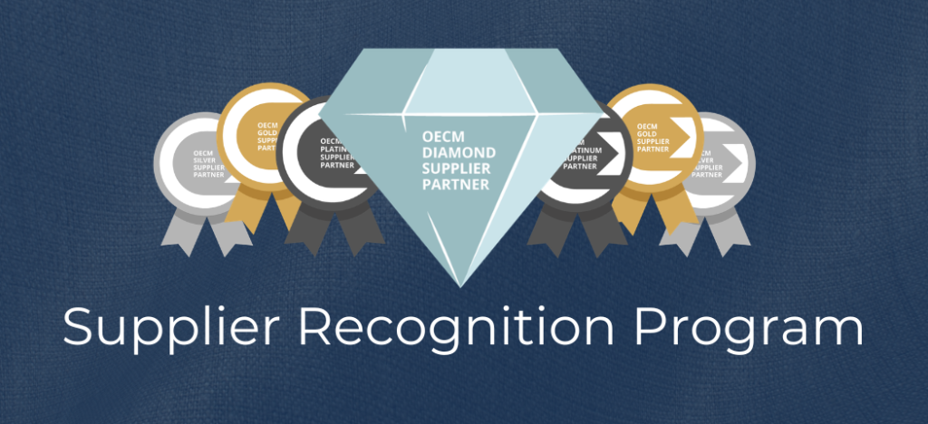 OECM's Supplier Recognition Program awards: - diamond shape for diamond award - ribbons for platinum, gold, and silver awards