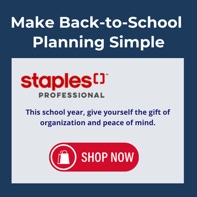Staples Professional back-to-school ad: 'Make Back-to-School Planning Simple.' Staples Professional logo with copy about organization and peace of mind. Shop Now button. Dark navy background.