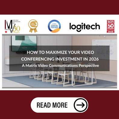 Matrix Video Communications article promo: 'How to Maximize Your Video Conferencing Investment in 2026.' Conference room photo with partner logos and Read More button.