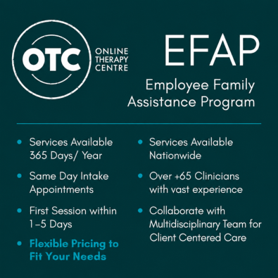 Online Therapy Centre's Employee Family Assistance Program (EFAP) graphic highlighting nationwide mental health support, rapid access to care, multidisciplinary services, and flexible pricing.