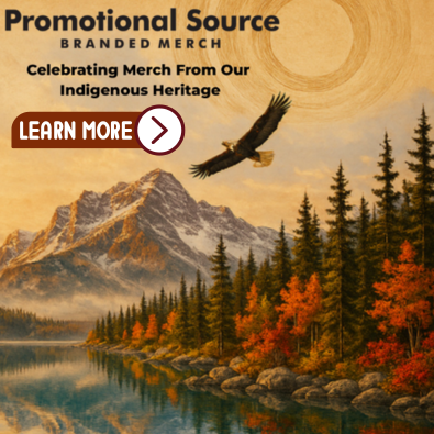 Promotional Source branded merchandise advertisement featuring the headline “Celebrating Merch From Our Indigenous Heritage.” The image shows a soaring eagle above a mountain landscape with a lake, evergreen trees, and autumn-coloured foliage. A “Learn More” button appears on the left side of the image.