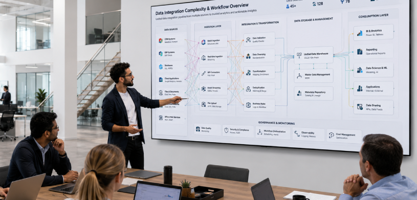Team of professionals collaborating in a modern office while reviewing a large workflow and data integration dashboard to solve complex organizational challenges.