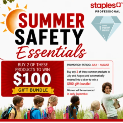 Staples Professional 'Summer Safety Essentials' promo: Buy 2 products to win a $100 gift bundle. Promotion period July–August. Children with backpacks shown at bottom.