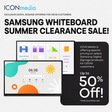 Promotional graphic for ICON Media Communications Inc. featuring Samsung commercial display solutions available through OECM's Supply and Installation of Digital Signage, Digital Scoreboards and Audio-Visual System Solutions agreement. The graphic highlights special pricing of up to 50% on select Samsung digital signage products while quantities last and includes images of Samsung interactive displays.