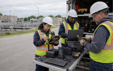 Construction workers using rugged devices such as tablet, laptop and other hardware onsite