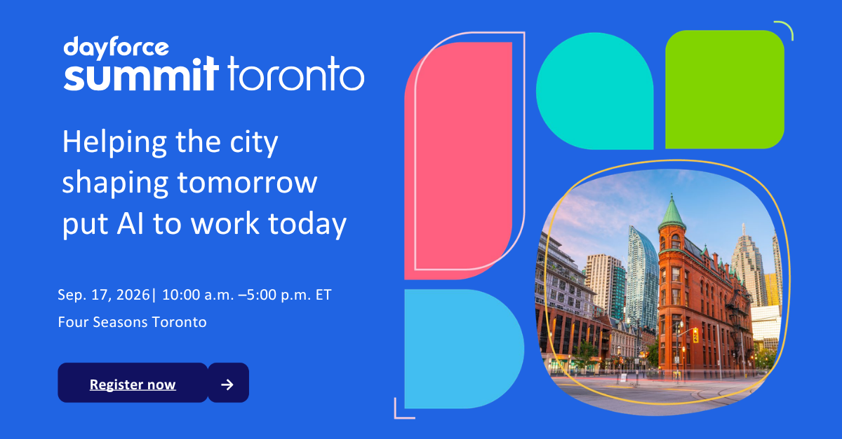 Event graphic featuring a city skyline and blue-and-white logos, with the headline “Helping the city shaping tomorrow put AI to work today.” Event details: September 17, 2026, 10:00 a.m.–5:00 p.m. ET at the Four Seasons Toronto, with a “Register now” call to action.