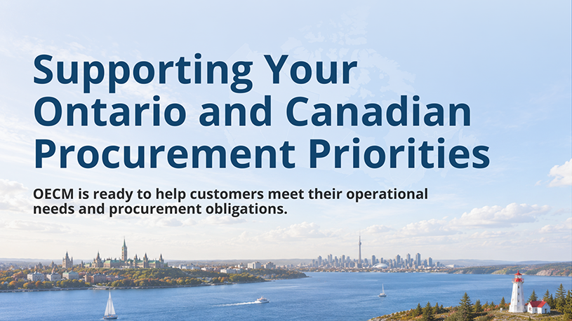 Supporting Ontario and Canadian procurement priorities over a background of Canadian landscape featuring Parliament Hill in Ottawa, the Toronto skyline, and a lighthouse, with messaging that OECM is ready to help customers meet their operational needs and procurement obligations.