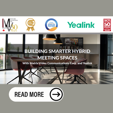 Promotional graphic about building smarter hybrid meeting spaces, featuring a “Read more” call to action.