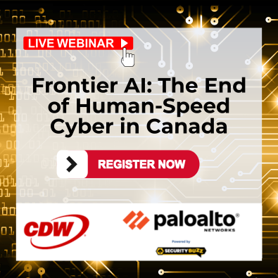 Promotional webinar graphic titled “Frontier AI: The End of Human-Speed Cyber in Canada,” featuring Palo Alto Networks and CDW logos, a “Register Now” sign, and a live webinar badge.