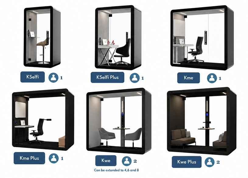 Signature Collection of Pods: KSelfi (accommodates 1 person), KSelfi Plus (accommodates 1 person), Kme (accommodates 1 person), Kme Plus (accommodates 1 person), Kwe (accommodates up to 2 people; can be extended to 4,6, 8), and Kwe Plus (accommodates up to 2 people)