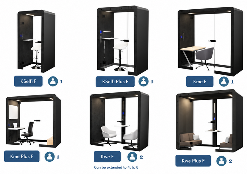 Floorless Collection of Pods: KSelfi F (accommodates 1 person), KSelfi Plus F (accommodates 1 person), Kme F (accommodates 1 person), Kme Plus F (accommodates 1 person), Kwe F (accommodates up to 2 people; can be extended to 4,6, 8), and Kwe Plus F (accommodates up to 2 people)