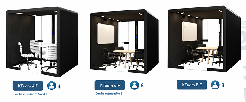 Floorless Collection of Kteam models provide larger environments: KTeam 4 F (accommodates up to 4 people and can be extended to 6 and 8 people), KTeam 6 F (accommodates up to 6 people and can be extended to 8), and KTeam 8 F (accommodates up to 8 people)
