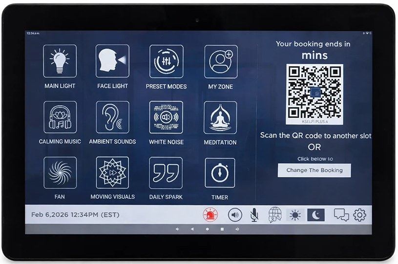 Kubebooth Smartcare control panel showcases booking, personalized environmental controls, well-being features, safety features and workspace information.