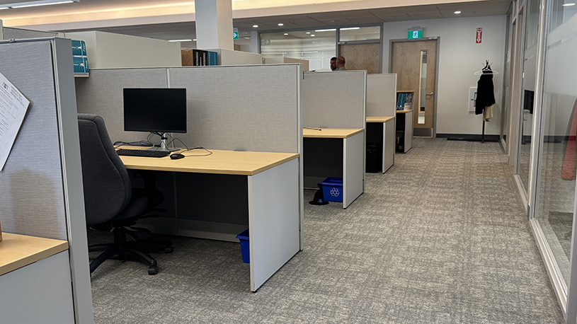 Modular employee workstations designed to support future additions and changing staffing needs.