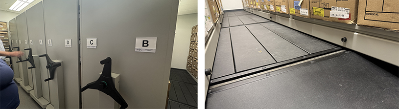 High-density mobile filing system used to store Town records on-site.