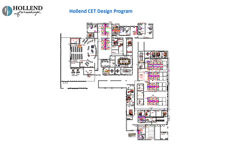 Hollend Furnishings CET floor plan showing proposed furniture and workstation configurations throughout the Town Hall.