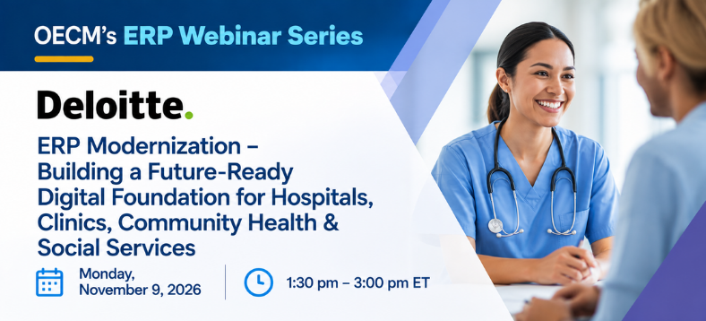 Webinar titled “ERP modernization: Building a ready digital foundation for hospitals, clinics, and social services,” featuring two people talking in a hospital setting.