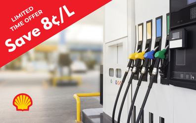 gas pump terminals at a gas station, limited time offer Save 8 cents per litre with Shell