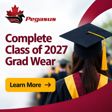 Graduation apparel for the Class of 2017 alongside the Pegasus logo.